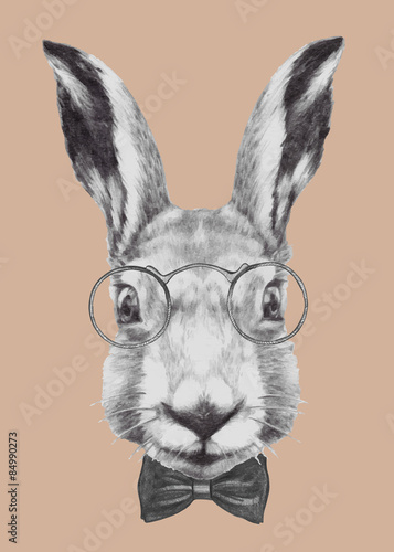 Hand drawn portrait of Rabbit with glasses and bow tie. Vector isolated elements.