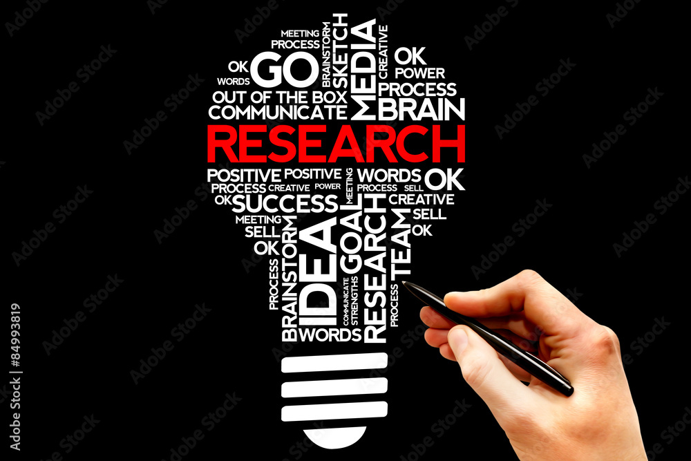 RESEARCH bulb word cloud, business concept RESEARCH bulb word cloud, business concept