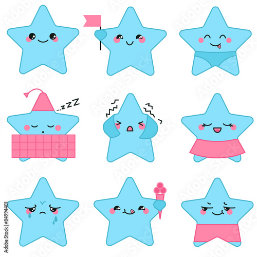 Vector kawaii stars set with emotional faces, boys and girls
