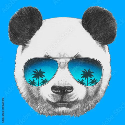 Hand drawn portrait of Panda with mirror sunglasses. Vector isolated elements