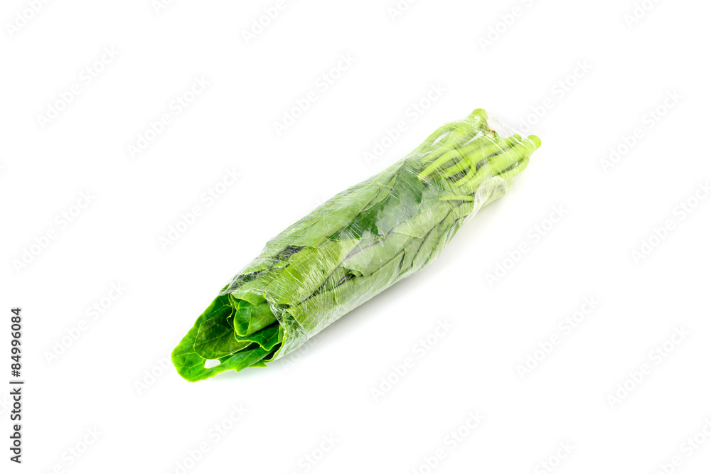 Obraz premium fresh chinese kale vegetables wrapped in plastic film isolated