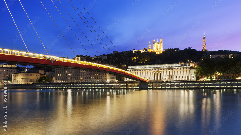 Large view of Saone river at sunset in Lyon city