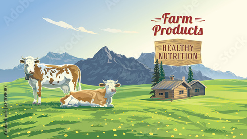 Mountain landscape with two cows and village in background. Vector illustration.