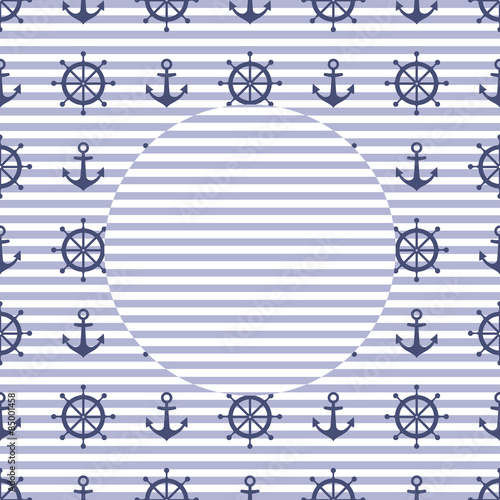 Navy vector card: anchor and steering wheel. Cute nautical background for summer holidays with space for your text
