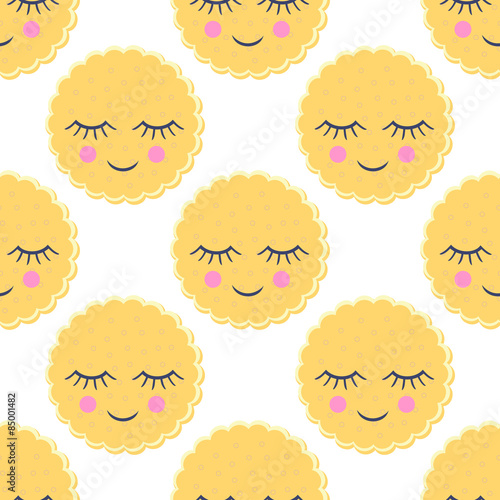Seamless pattern with smiling sleeping cookies for kids holidays. Cute baby shower vector background. Child drawing style.
