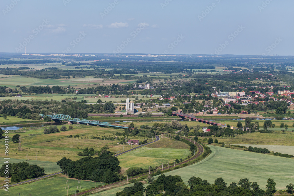aerial view of the  bridge on Odra river near Scinawa town