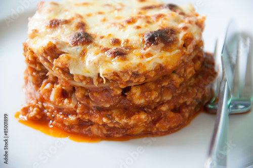Lasagna on white plate