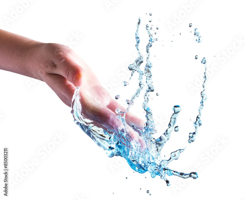 hand with water splash isolated on the white background