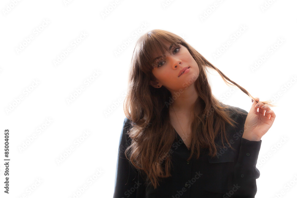 Pretty Female Model Twirling Hair Biting Lip Isolated White Background Pretty Female Model Twirling Hair Biting Lip Isolated White Background