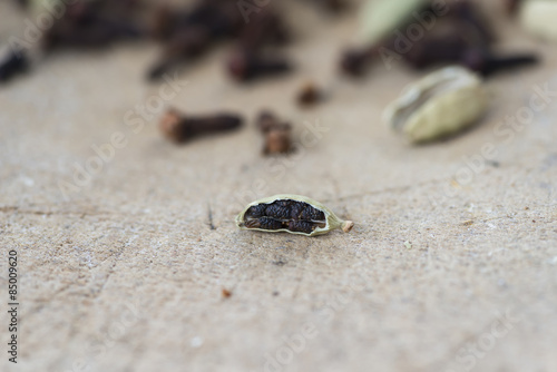 Cardamom seeds and cloves - closeup with selective focus © beataaldridge