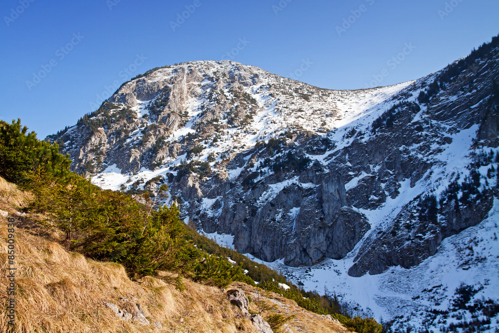 Mountain snowy landscape with rock