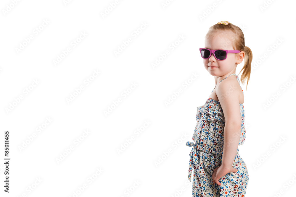 Little fashion girl in sunglasses isolated on white background Little fashion girl in sunglasses isolated on white background