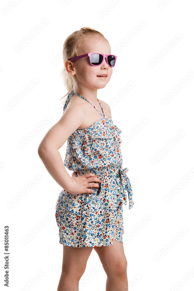 Little fashion girl in sunglasses isolated on white background Little fashion girl in sunglasses isolated on white background