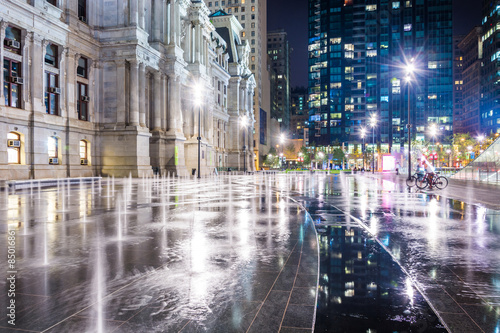 Fountains and buildings at night, at Dilworth Park, in Philadelp