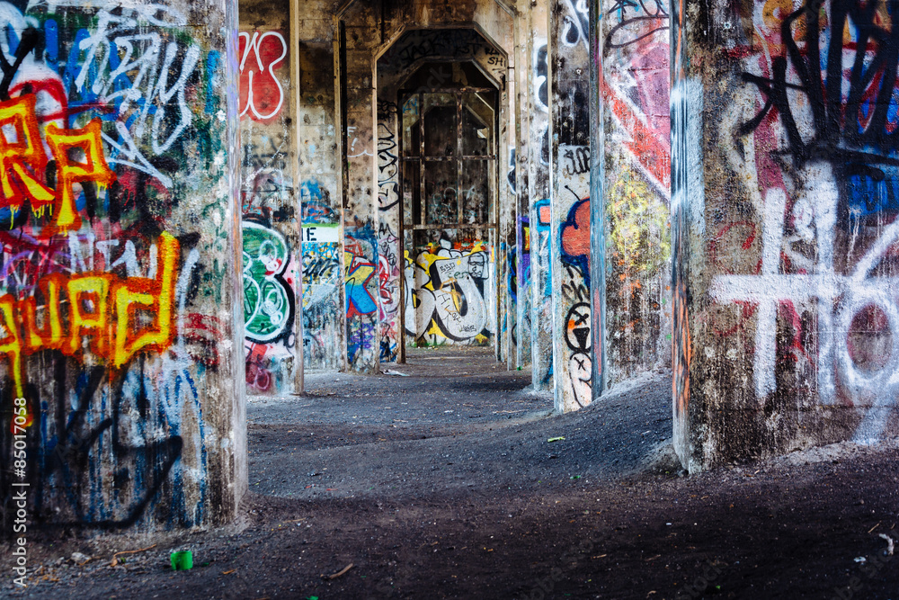Fototapeta premium Graffiti pod opuszczonym molo w Filadelfii, Pensylwania.