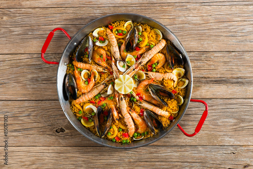 Paella with seafood and vegetables