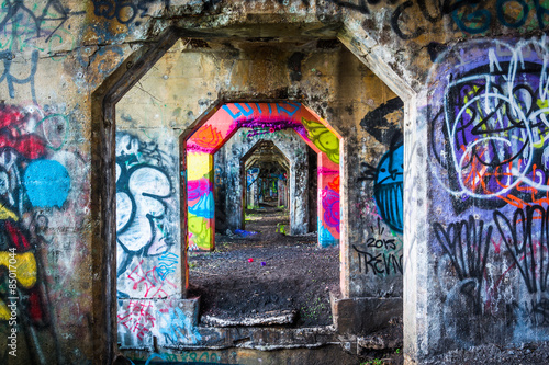 Graffiti under an abandoned pier in Philadelphia, Pennsylvania.