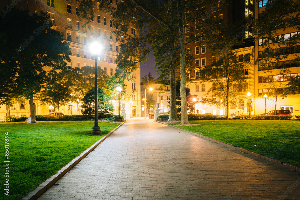 Walkway and buildings at night, at Rittenhouse Square in Philade