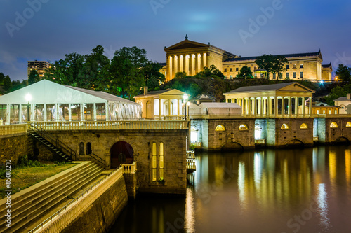 The Fairmount Water Works and Art Museum at night, in Philadelph