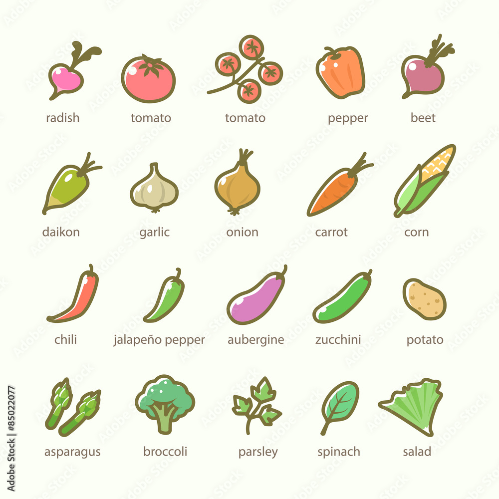 Set of vegetables and greens icons Set of vegetables and greens icons