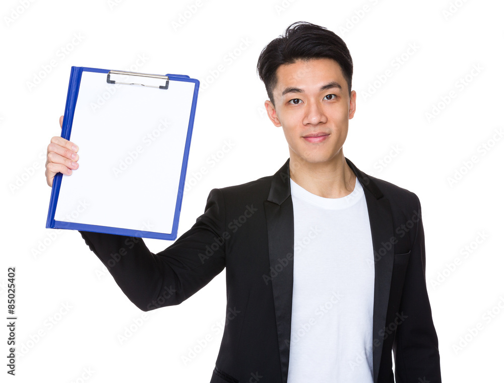 Young businessman show with clipboard and white paper Young businessman show with clipboard and white paper