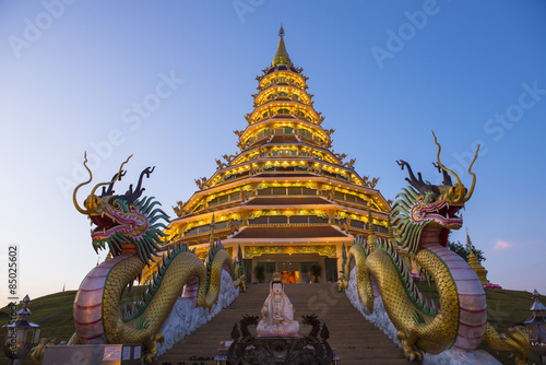 Twilight light at Chinese temple - Wat Huay pla kang (thai name) major religious attractions of Chiang Rai, Thailand.