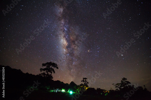 Silhouette of tree and beautiful milkyway on a night sky. Long e