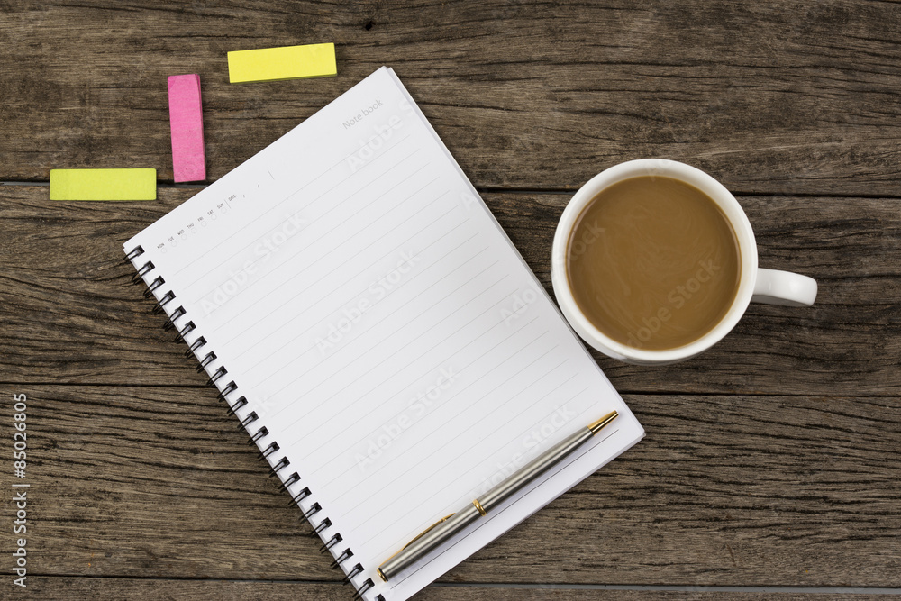 blank notebook with pen and pencil on wooden table, business con blank notebook with pen and pencil on wooden table, business con