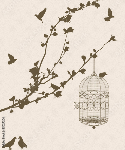 Vintage style card with bird silhouettes and birdcage