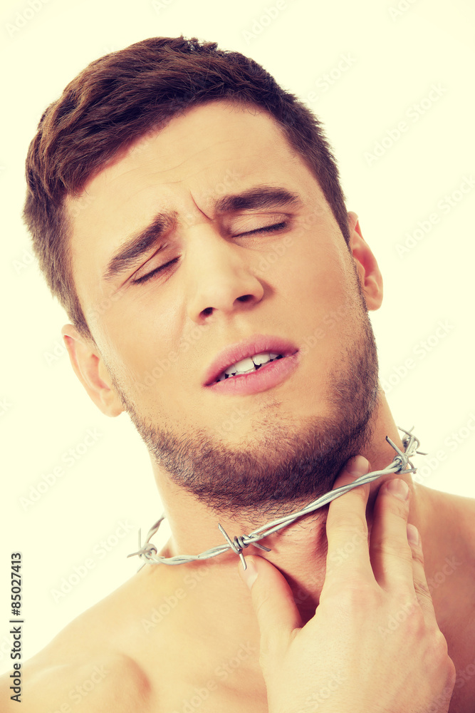 Young man with throat pain.