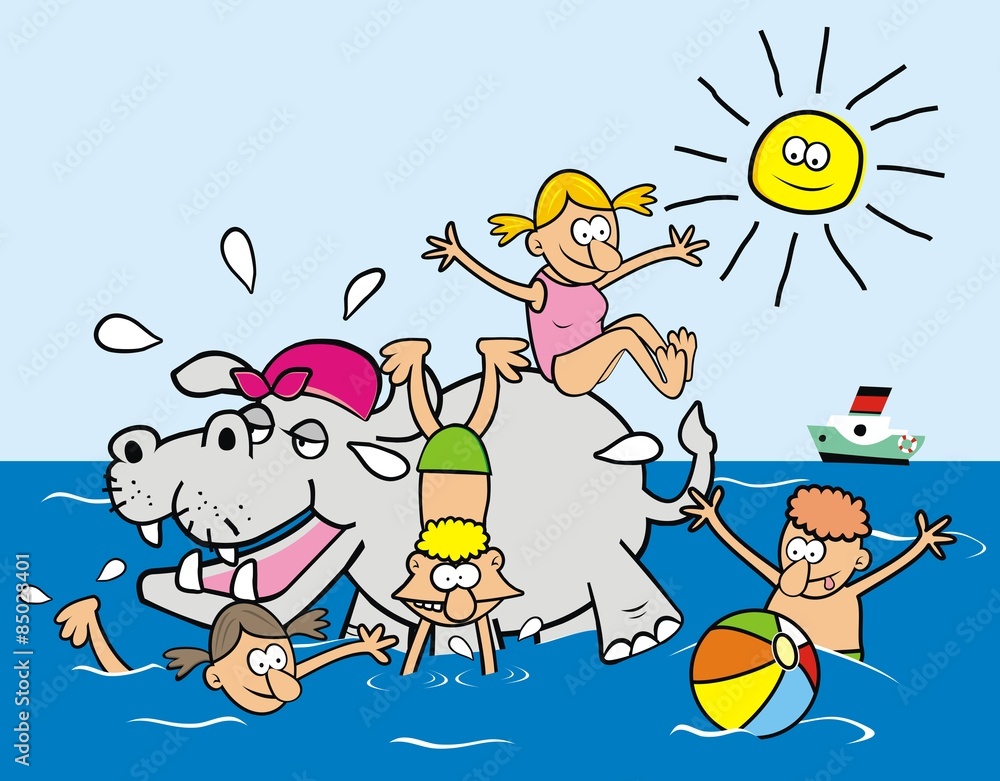 hippo and kids at sea, funny vector illustration