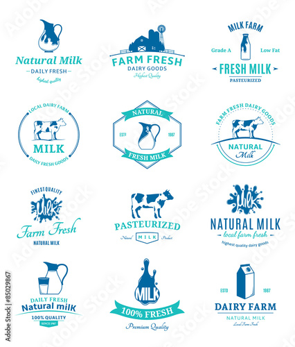 Set of Vector Milk Logos, Labels and Design Elements