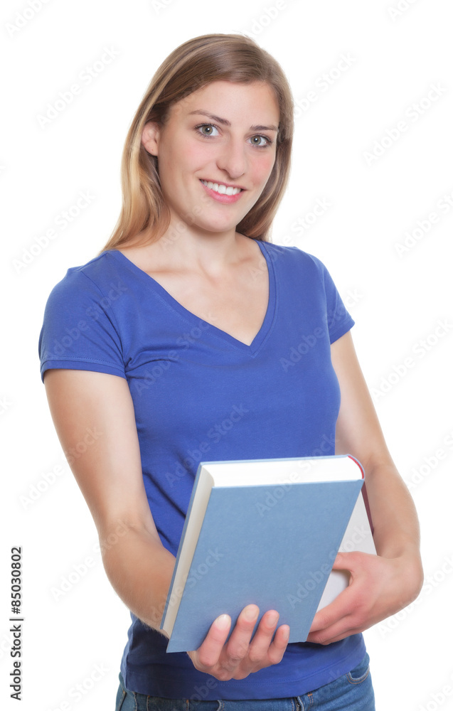 Studentin mit langen blonden Haaren zeigt ihr Lieblingsbuch Studentin mit langen blonden Haaren zeigt ihr Lieblingsbuch