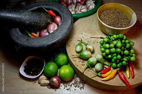 thai herb ingredient, spicy food on a wooden background