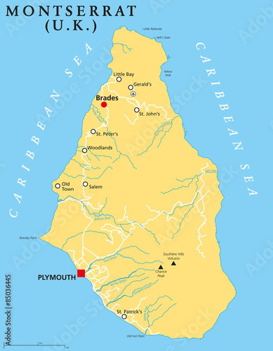 Montserrat Political Map with capital Plymouth, important places and rivers. English labeling and scaling. Illustration. photo