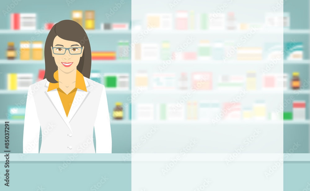 Modern flat vector illustration of a smiling young attractive female pharmacist at the counter in a pharmacy opposite of shelves with medicines. Health care conceptual background with space for text Modern flat vector illustration of a smiling young attractive female pharmacist at the counter in a pharmacy opposite of shelves with medicines. Health care conceptual background with space for text