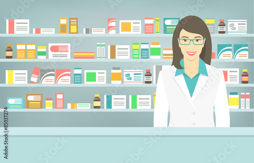 Modern flat vector illustration of a smiling young attractive female pharmacist at the counter in a pharmacy opposite of shelves with medicines. Health care conceptual background