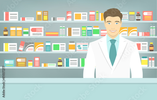 Modern flat vector illustration of a smiling young attractive male pharmacist at the counter in a pharmacy opposite of shelves with medicines. Health care conceptual background