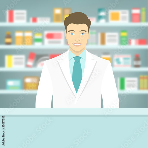 Modern flat vector illustration of a smiling young attractive male pharmacist at the counter in a pharmacy opposite of shelves with medicines. Health care conceptual background