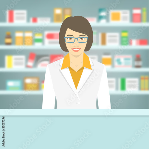 Modern flat vector illustration of a smiling young attractive female pharmacist at the counter in a pharmacy opposite of shelves with medicines. Health care conceptual background