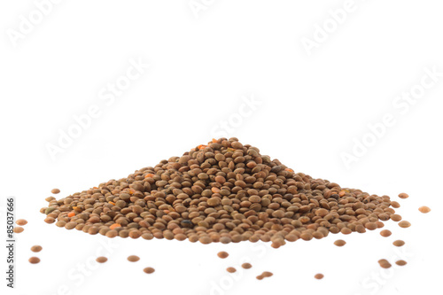 Heap of brown lentils Isolated on White
