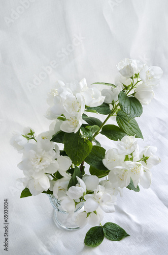 Beautiful bouquet of jasmine in glass vase on white background crumpled linen