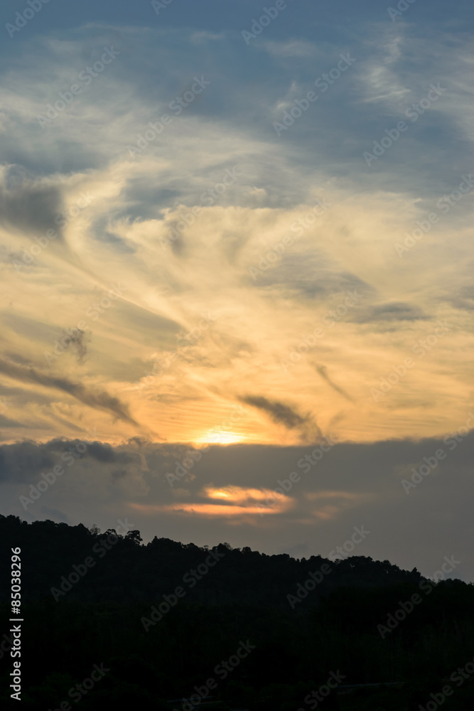 sunrise clouds and mountain near reservoir in Phuket Thailand