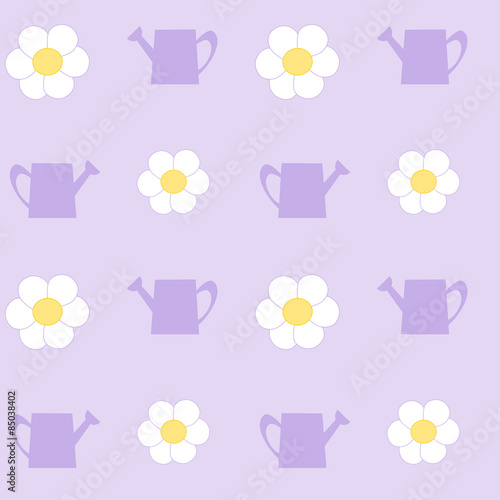 watering can with white daisy flower vector seamless pattern