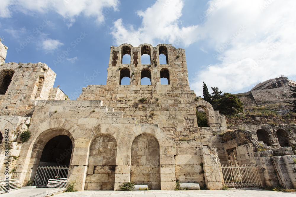 The facade of the ancient Greek theater Odeon of Herodes Atticus in Athens, Greece, Europe