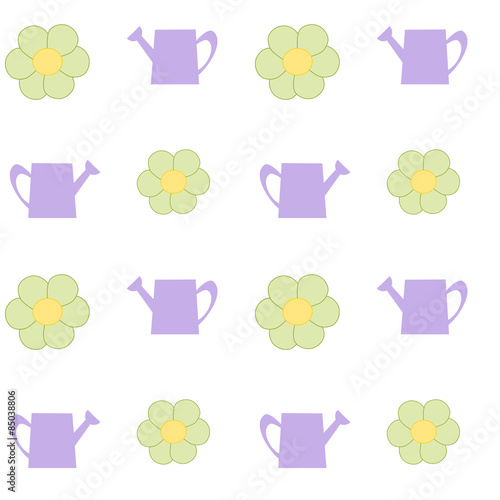 watering can with green daisy flower seamless vector pattern