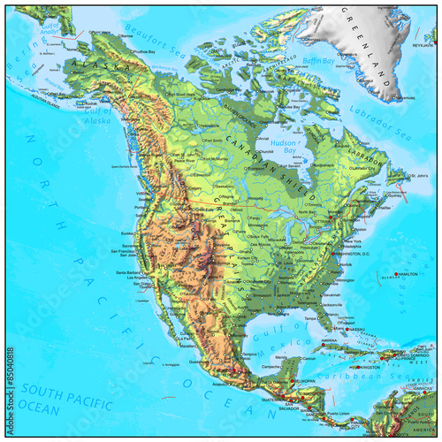 North America physical continent map