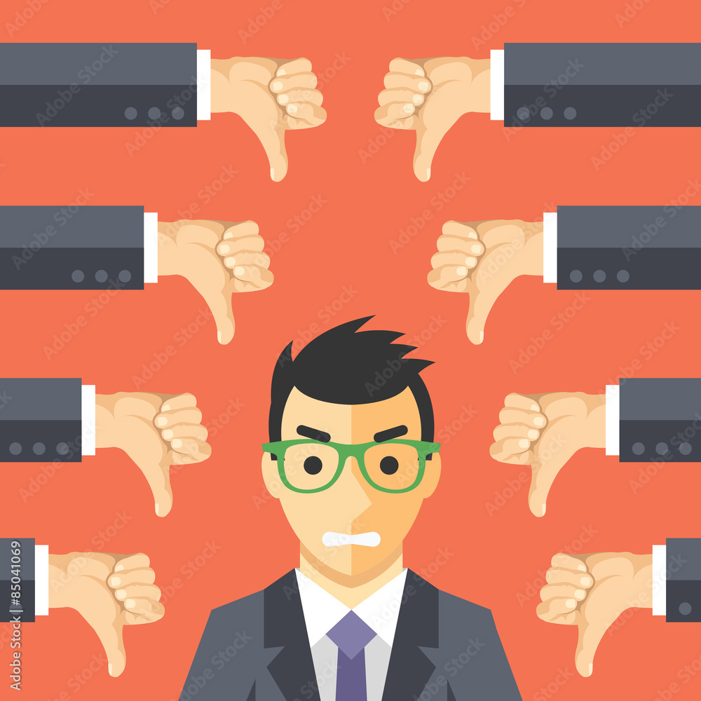 Angry businessman and many hands with thumbs down Angry businessman and many hands with thumbs down