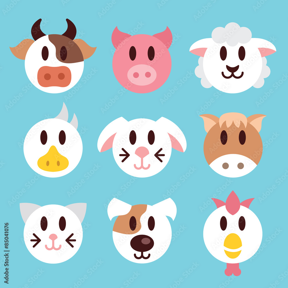 Farm animals faces icons set Farm animals faces icons set