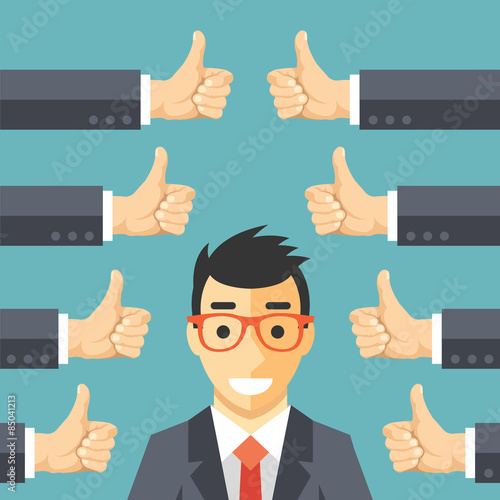 Happy businessman and many hands with thumbs up. Likes and positive feedback concept